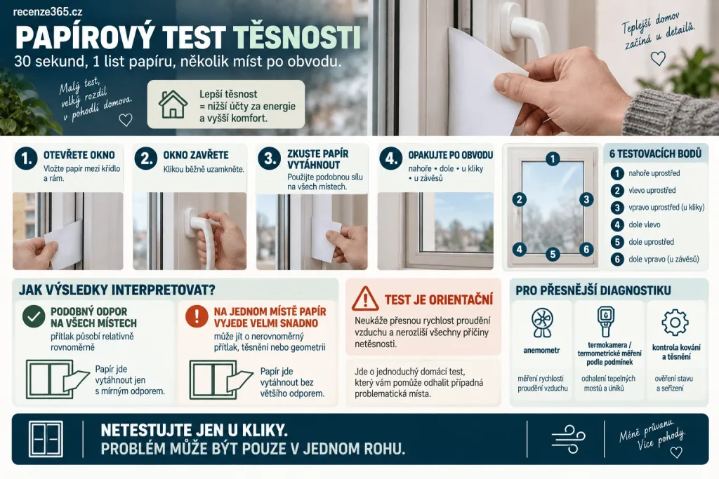 Test těsnosti plastového okna papírem – jak zjistit průvan, netěsnost křídla, přítlak těsnění, papírový test okna, kontrola horní, dolní a boční části rámu a orientační kontrola oken doma.