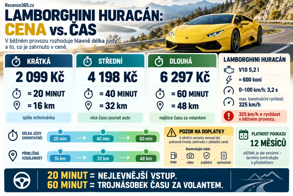 Lamborghini Huracán cena Adrop – jízda 20 minut 2099 Kč, 40 minut 4198 Kč, 60 minut 6297 Kč, 16 32 48 km, Lamborghini Praha Most, 600 koní, dárkový poukaz na 12 měsíců a cena jízdy supersportem.