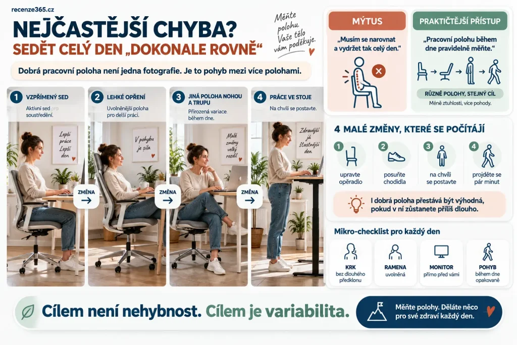 Správné sezení u počítače a bolest krku – proč není nutné sedět celý den dokonale rovně, střídání pracovních poloh, ergonomická poloha krku, pohybové pauzy a prevence ztuhlosti.
