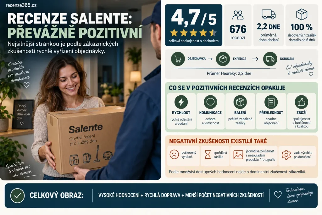 Salente.cz zkušenosti zákazníků a recenze – Heureka 4,7 z 5, 676 recenzí, průměrné doručení 2,2 dne, rychlé dodání, komunikace, balení a negativní zkušenosti s objednávkami.