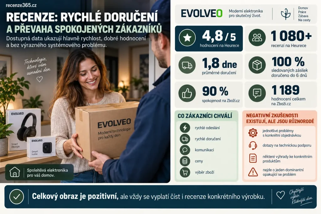 EVOLVEO.cz recenze zákazníků, rychlé doručení EVOLVEO, Heureka 4,8 z 5, 1 080 recenzí, Zboží.cz 90 procent spokojenosti, zákaznické zkušenosti, doručení do 6 dnů, hodnocení e-shopu EVOLVEO.cz.