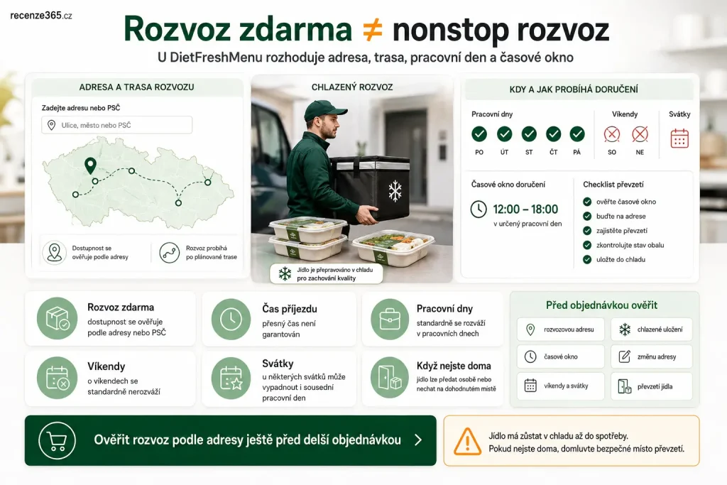 DietFreshMenu rozvoz zdarma, DietFreshMenu doručení, DietFreshMenu rozvoz podle adresy, DietFreshMenu rozvoz po ČR, DietFreshMenu víkendy, DietFreshMenu státní svátky, DietFreshMenu pracovní dny, DietFreshMenu časové okno doručení, DietFreshMenu kurýr, DietFreshMenu chlazené jídlo, DietFreshMenu změna adresy, DietFreshMenu co když nejsem doma, DietFreshMenu doručení ke dveřím, krabičková dieta rozvoz zdarma, krabičkové stravování bez víkendů, DietFreshMenu rozvoz omezení