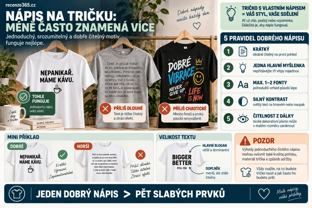 Tričko s vlastním nápisem – návrh textu na tričko, vlastní slogan, vtipný nápis, typografie, font na potisk, velikost textu, kontrast, jednoduchý design a tričko jako dárek.