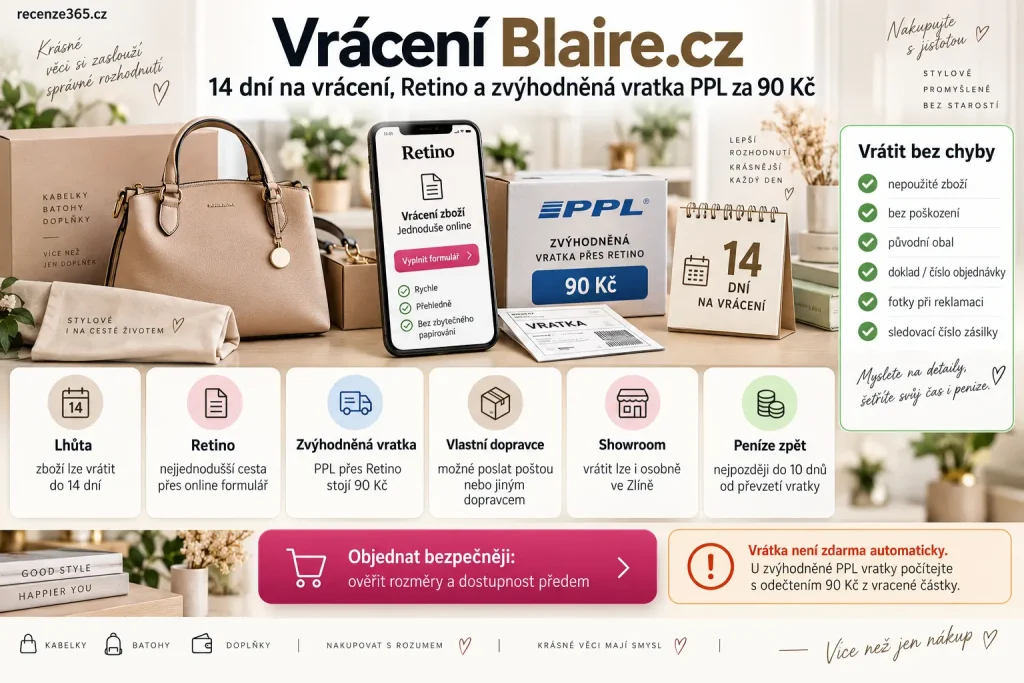 Blaire.cz vrácení zboží, Blaire vrácení do 14 dní, Blaire Retino vrácení, Blaire vratka PPL 90 Kč, Blaire zvýhodněná vratka, Blaire reklamace, Blaire vrácení peněz 10 dnů, Blaire vrácení kabelky, Blaire vrácení batohu, Blaire osobní vrácení Zlín, Blaire vlastní dopravce, Blaire nepoužité zboží, Blaire zboží bez poškození, Blaire výměna kabelky, Blaire nákup bez rizika, vrácení kožené kabelky, reklamace módních doplňků, Retino vrácení zboží