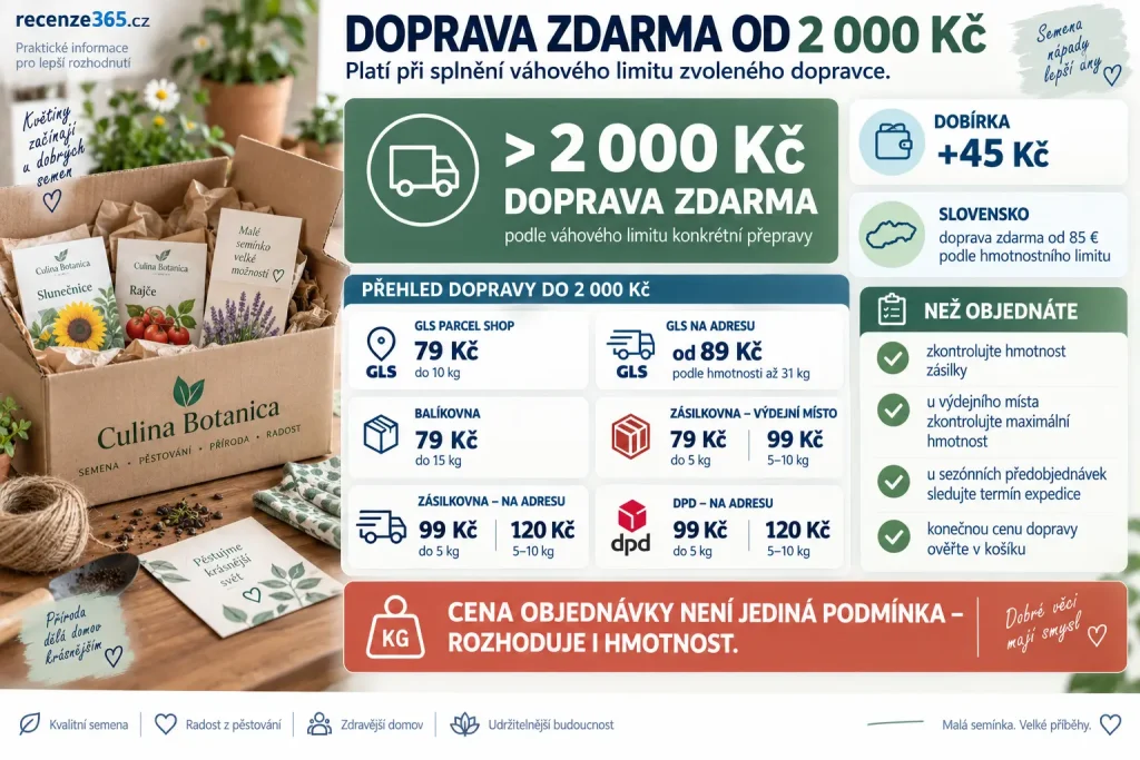 Culina Botanica doprava zdarma od 2 000 Kč – GLS, Zásilkovna, Balíkovna, DPD, ceny dopravy 79 Kč, 89 Kč a 99 Kč, dobírka 45 Kč, doprava do Česka a na Slovensko a podmínky objednávky.