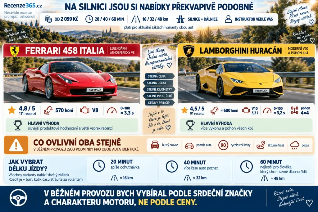 Ferrari vs Lamborghini v běžném provozu – cena 2099 Kč, 20 40 60 minut, 16 32 48 km, Ferrari 458 Italia 4,8/5 111 recenzí, Lamborghini Huracán 4,5/5 91 recenzí, silnice a dálnice, instruktor a srovnání zážitkových jízd.