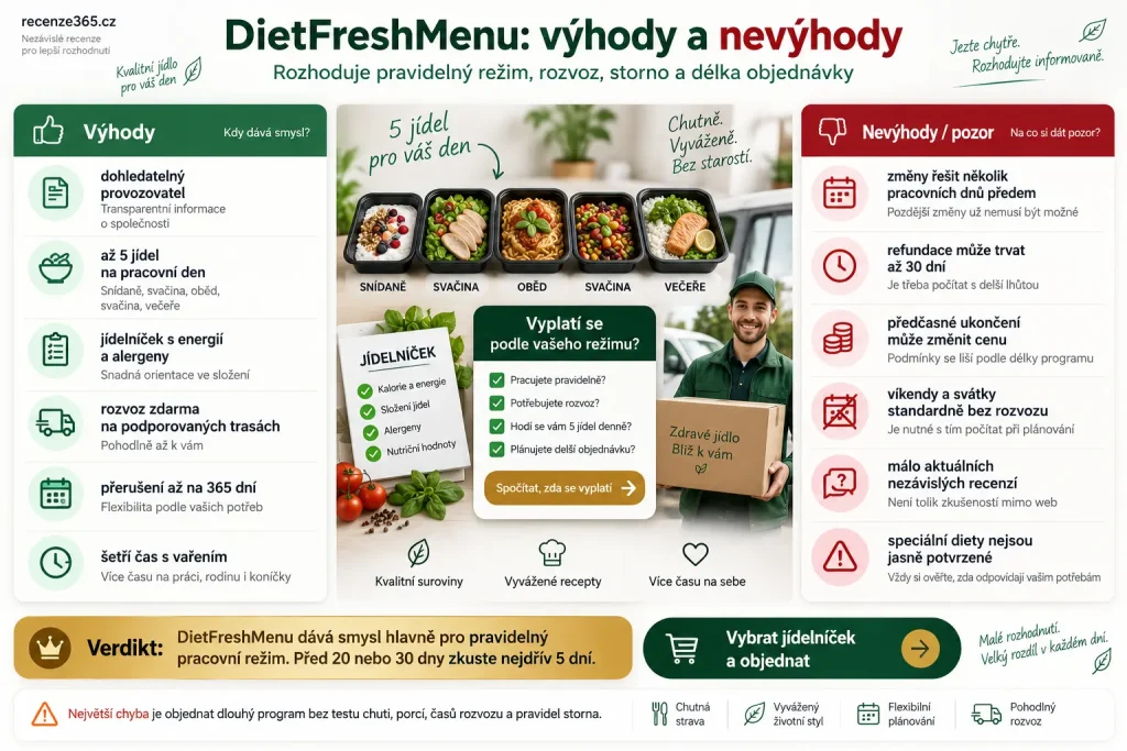 DietFreshMenu výhody a nevýhody, DietFreshMenu plusy mínusy, DietFreshMenu recenze shrnutí, DietFreshMenu výhody, DietFreshMenu nevýhody, DietFreshMenu pět jídel denně, DietFreshMenu jídelníček s alergeny, DietFreshMenu energetické hodnoty, DietFreshMenu rozvoz zdarma, DietFreshMenu přerušení 365 dní, DietFreshMenu změny a storno, DietFreshMenu refundace 30 dní, DietFreshMenu přepočet zvýhodněné ceny, DietFreshMenu víkendy nerozváží, DietFreshMenu málo nezávislých recenzí, krabičková dieta výhody nevýhody