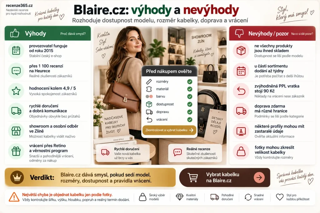 výhody a nevýhody Blaire.cz recenze, Blaire.cz výhody nevýhody, Blaire plusy mínusy, Blaire recenze shrnutí, Blaire rychlé doručení výhoda, Blaire kvalita zboží, Blaire komunikace, Blaire showroom Zlín výhoda, Blaire Retino vrácení, Blaire věrnostní program, Blaire nevýhody, Blaire ne všechno skladem, Blaire dodání do 3 týdnů, Blaire vratka 90 Kč, Blaire doprava zdarma 1300 1500 Kč, Blaire Heureka zastaralé údaje, vyplatí se Blaire.cz, kožené kabelky výhody nevýhody