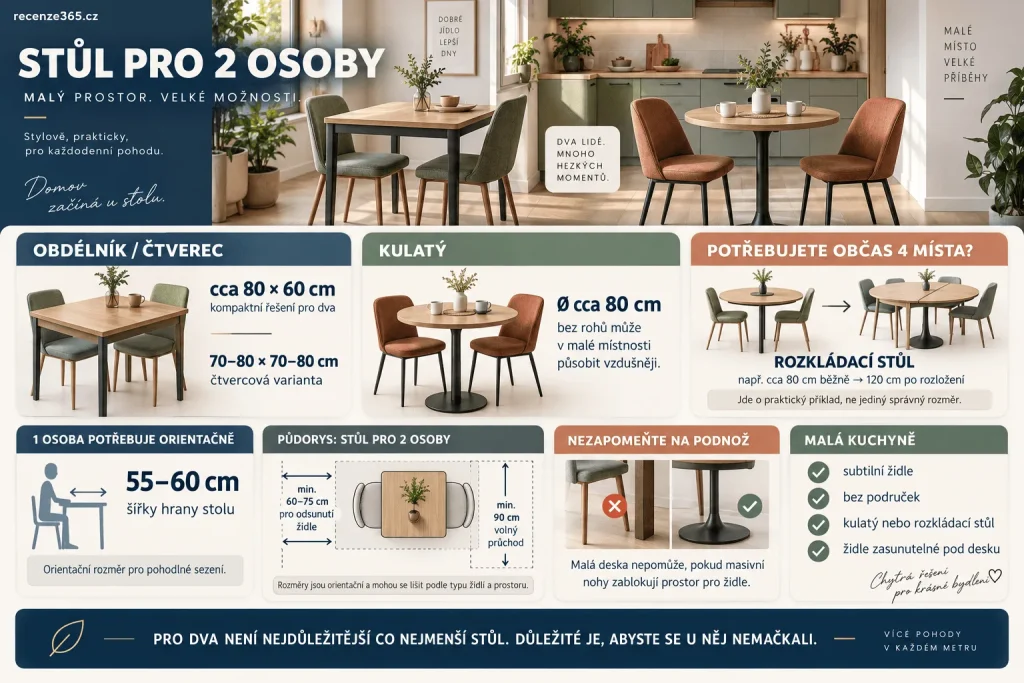 Jak velký jídelní stůl pro 2 osoby – rozměry stolu 80 × 60 cm, 80 × 80 cm, kulatý stůl průměr 80 cm, malá kuchyně, jídelní kout pro dva, rozkládací stůl a prostor kolem stolu.