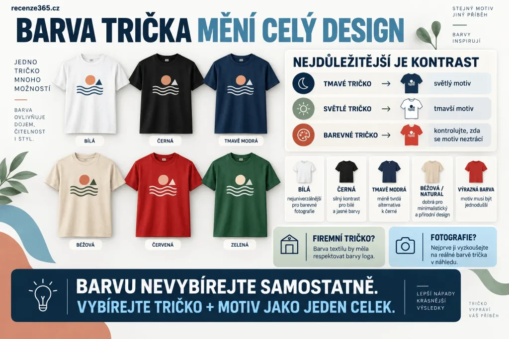 Jakou barvu trička vybrat pro vlastní potisk – bílé, černé, barevné tričko, kontrast potisku, světlý a tmavý text, firemní barvy, fotografie na tričku a výběr barvy textilu.