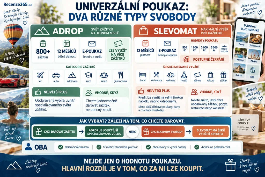 Adrop vs Slevomat univerzální dárkový poukaz – Adrop voucher na 800+ zážitků, Slevomat poukaz na pobyty restaurace wellness zábavu a služby, platnost 12 měsíců, vlastní hodnota, elektronický poukaz a čerpání kreditu po částech.