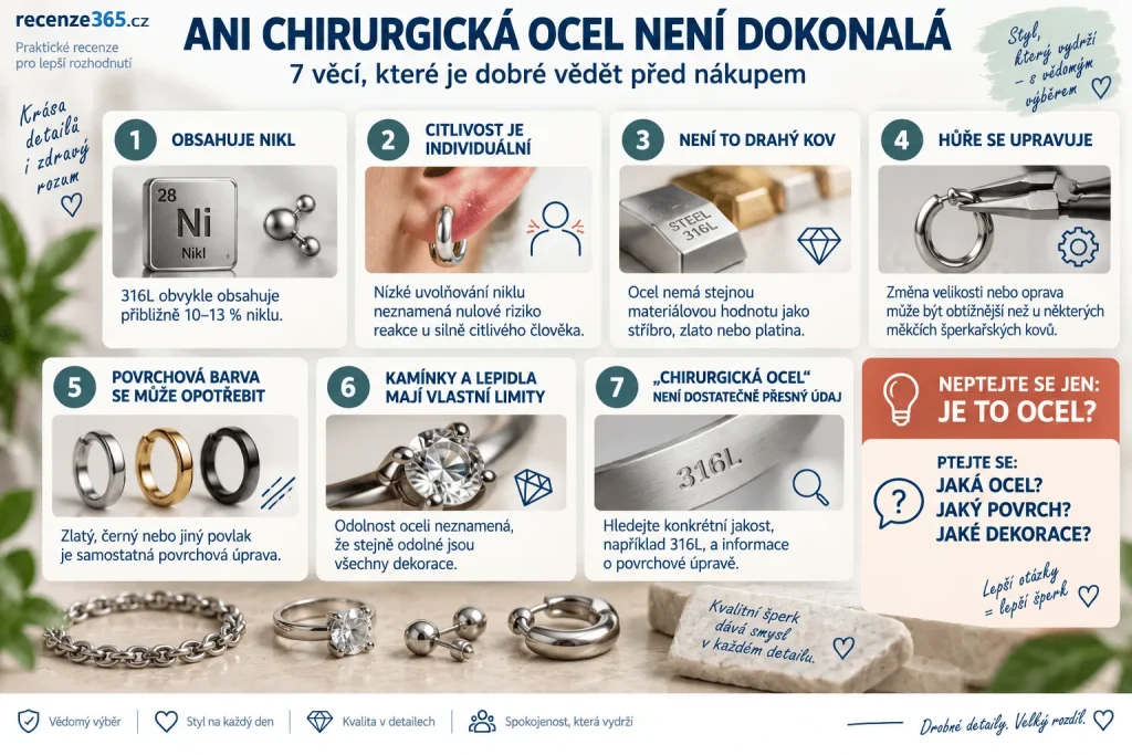 Nevýhody chirurgické oceli ve špercích – obsah niklu, alergie na nikl, hmotnost, úprava velikosti prstenu, oprava ocelových šperků, pozlacení, PVD povrch a rozdíl proti stříbru.