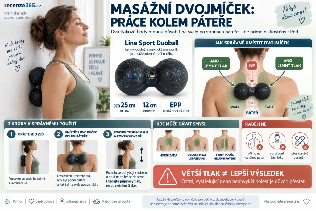 Masážní dvojmíček na záda, krk a oblast mezi lopatkami – Duoball pro domácí automasáž svalů kolem páteře, uvolnění šíje, ramen a hrudní páteře po práci u počítače.