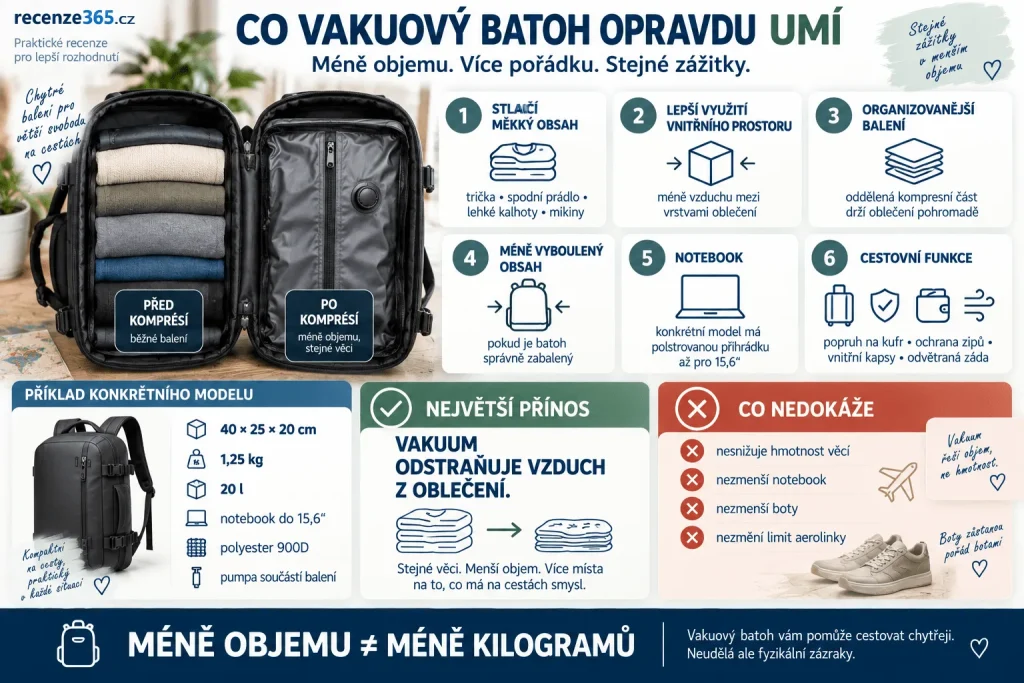 Výhody vakuového batohu do letadla – komprese oblečení, více prostoru v příručním zavazadle, organizace věcí, vakuová pumpa, notebook 15,6 palce, cestovní batoh 20 l, Ryanair a Wizz Air.