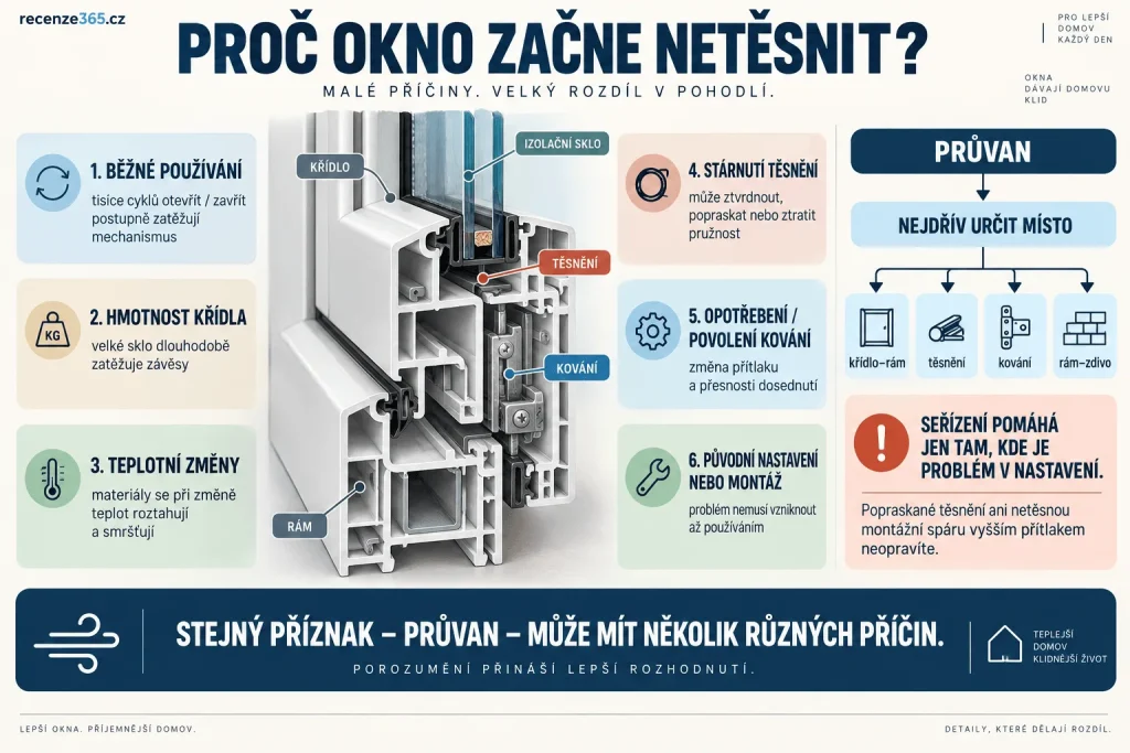 Proč netěsní plastová okna – sesednutí křídla, opotřebené těsnění, změny teplot, kování, panty, nesprávný přítlak, špatná montáž, průvan a příčiny tepelných ztrát oknem.