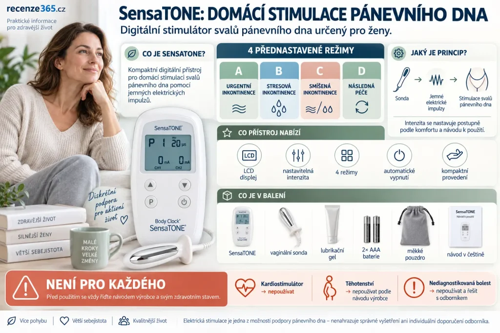 Body Clock SensaTONE stimulátor pánevního dna pro ženy – domácí elektrostimulace, 4 programy pro stresovou, urgentní a smíšenou inkontinenci, LCD displej, nastavitelná intenzita a vaginální sonda.