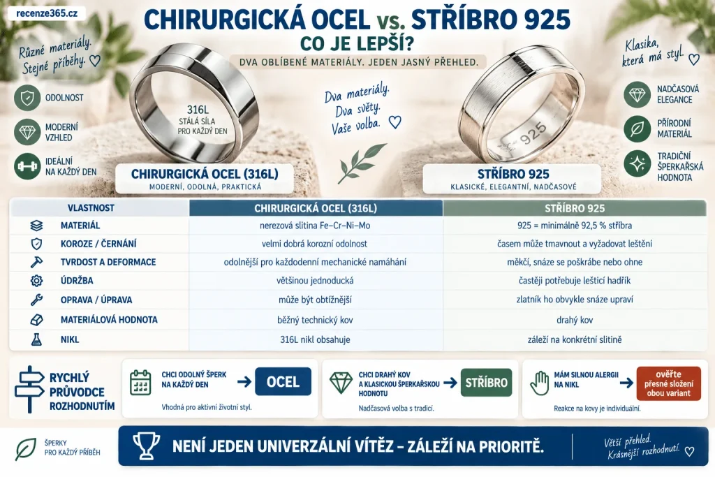 Chirurgická ocel vs stříbro 925 – rozdíl mezi 316L ocelí a sterlingovým stříbrem, odolnost, černání, poškrábání, alergie, údržba, cena, každodenní nošení a výběr šperku.