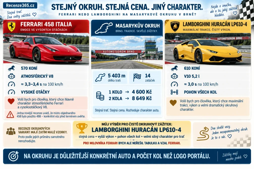 Ferrari nebo Lamborghini na okruh – Ferrari 458 Italia vs Lamborghini Huracán LP610-4 Masarykův okruh, 1 kolo 4600 Kč, 2 kola 8649 Kč, 570 vs 610 koní, 5,4 km okruh, 14 zatáček a nejlepší supersport na závodní trať.