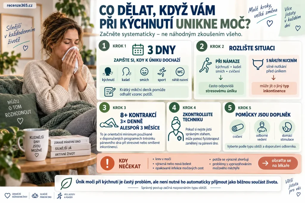 Co dělat při úniku moči při kýchnutí – praktický plán pro stresovou inkontinenci, 3denní mikční deník, cviky pánevního dna 8 kontrakcí 3× denně, fyzioterapie a vyšetření.