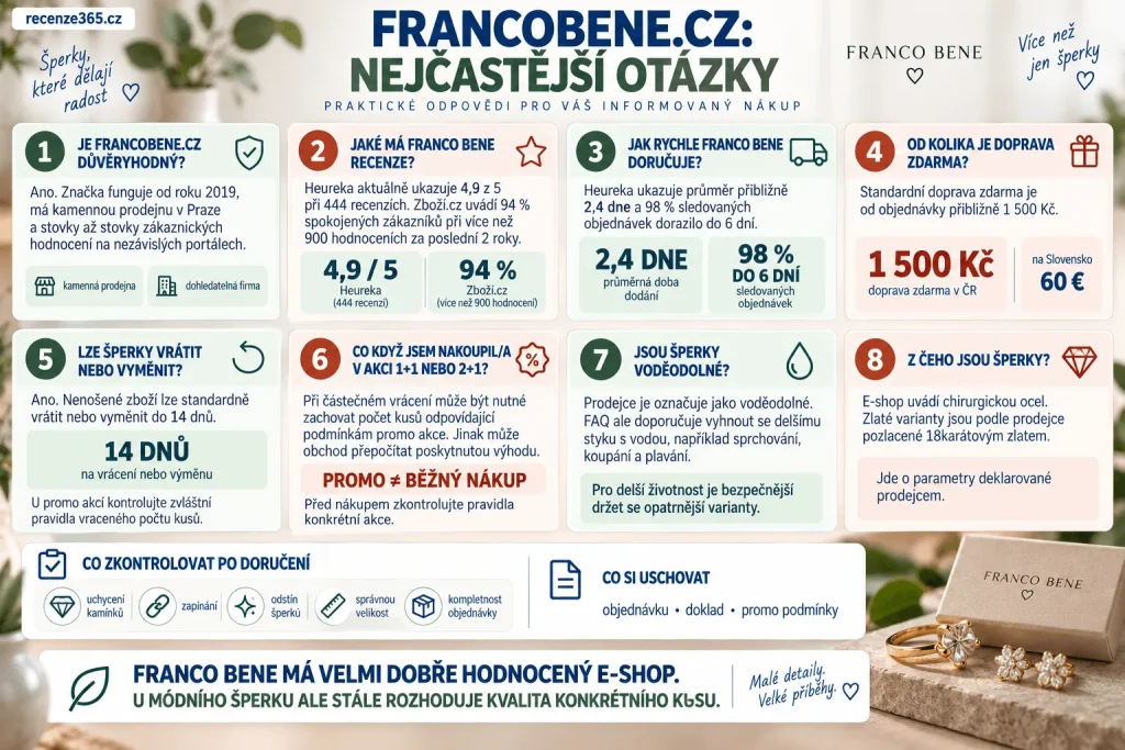 FAQ FrancoBene.cz recenze – je Franco Bene důvěryhodný, jaké má recenze Heureka a Zboží.cz, jak rychle doručuje, vrácení šperků do 14 dnů, reklamace do 24 měsíců, voděodolnost, chirurgická ocel, 18k pozlacení a promo akce 1+1 a 2+1.