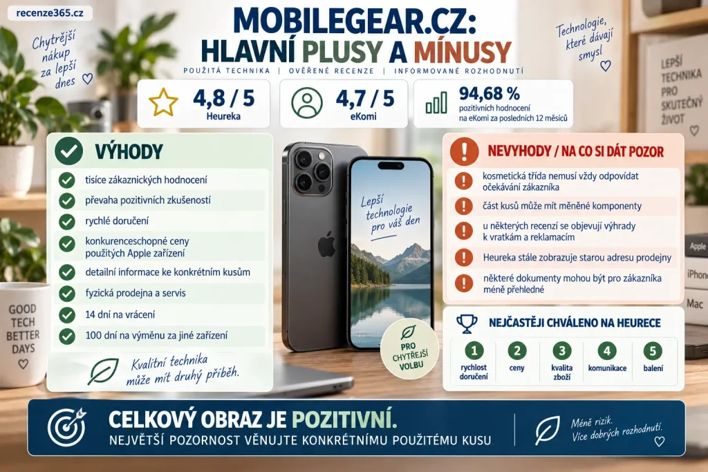 MobileGear.cz výhody a nevýhody – zkušenosti s použitými iPhony, rychlost doručení, ceny, stav telefonu, baterie, reklamace, vratky, 100denní výměna a zákaznické recenze.