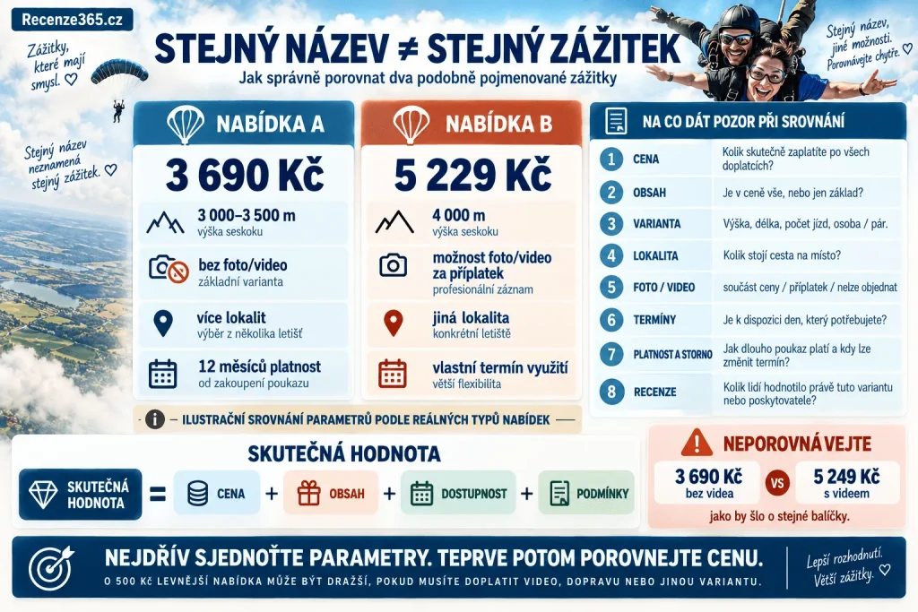 Jak porovnat stejné zážitky – cena tandemového seskoku, výška seskoku, délka zážitku, lokalita, foto video, platnost poukazu, storno podmínky, recenze zákazníků, dostupnost termínů a srovnání zážitkových portálů.