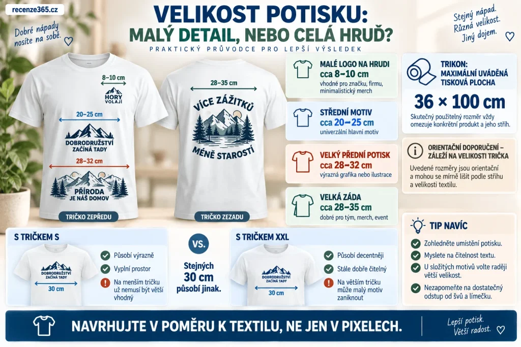 Jak velký potisk na tričko – velikost loga na prsou, velký potisk na přední straně, potisk na záda, rozměr motivu v centimetrech, DTF tisk 36 × 100 cm a správné umístění potisku.