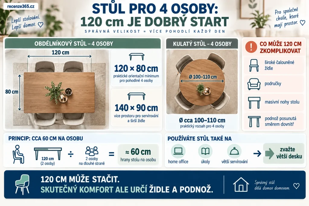 Jak velký jídelní stůl pro 4 osoby – rozměr 120 × 80 cm, 140 × 90 cm, kulatý stůl pro čtyři, 60 cm prostoru na osobu, čtyři jídelní židle a správný prostor kolem stolu.