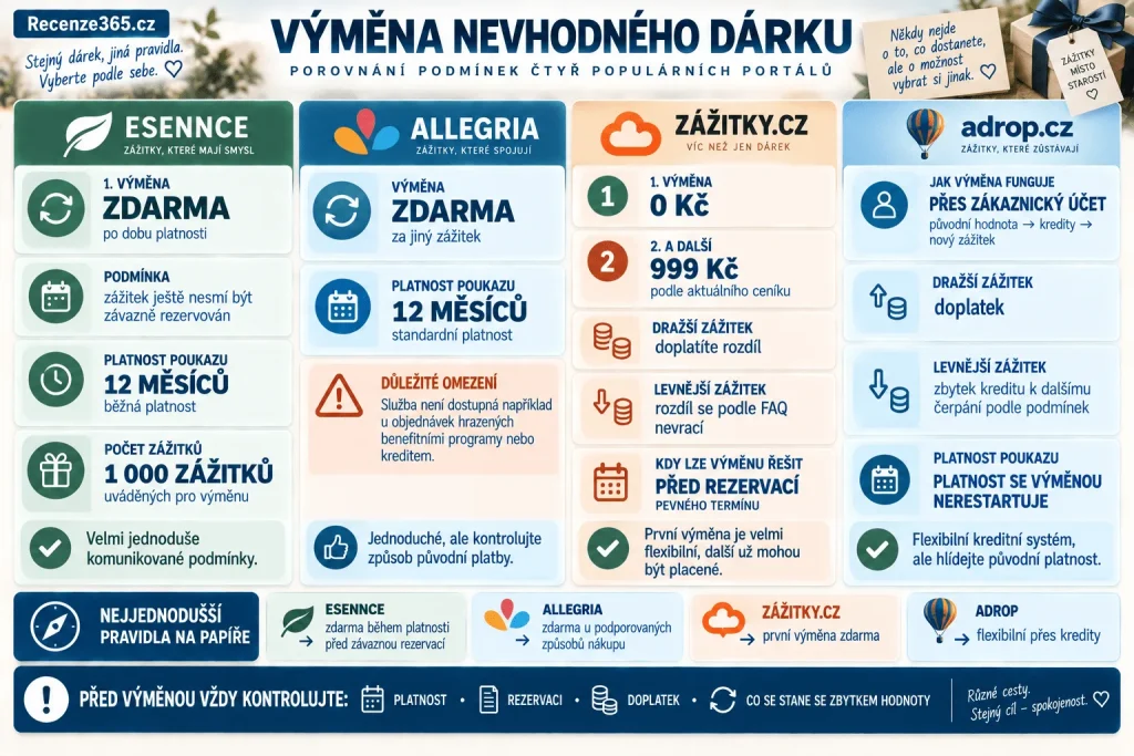 Výměna zážitkového dárku – ESENNCE výměna zdarma, Allegria výměna zdarma, Zážitky.cz první výměna zdarma, Adrop výměna přes kredity, platnost 12 měsíců, doplatek dražšího zážitku a podmínky výměny dárkových poukazů.