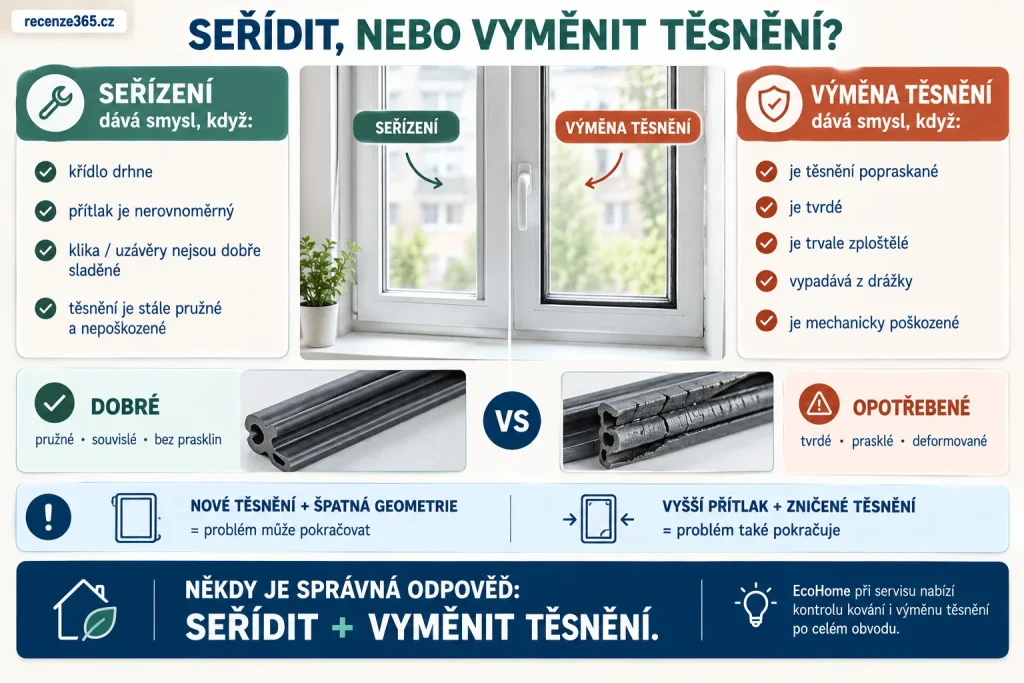 Seřízení plastových oken nebo výměna těsnění – jak poznat špatný přítlak, poškozené gumové těsnění, praskliny, ztvrdnutí, průvan, kování a kdy seřídit okno a kdy měnit těsnění.