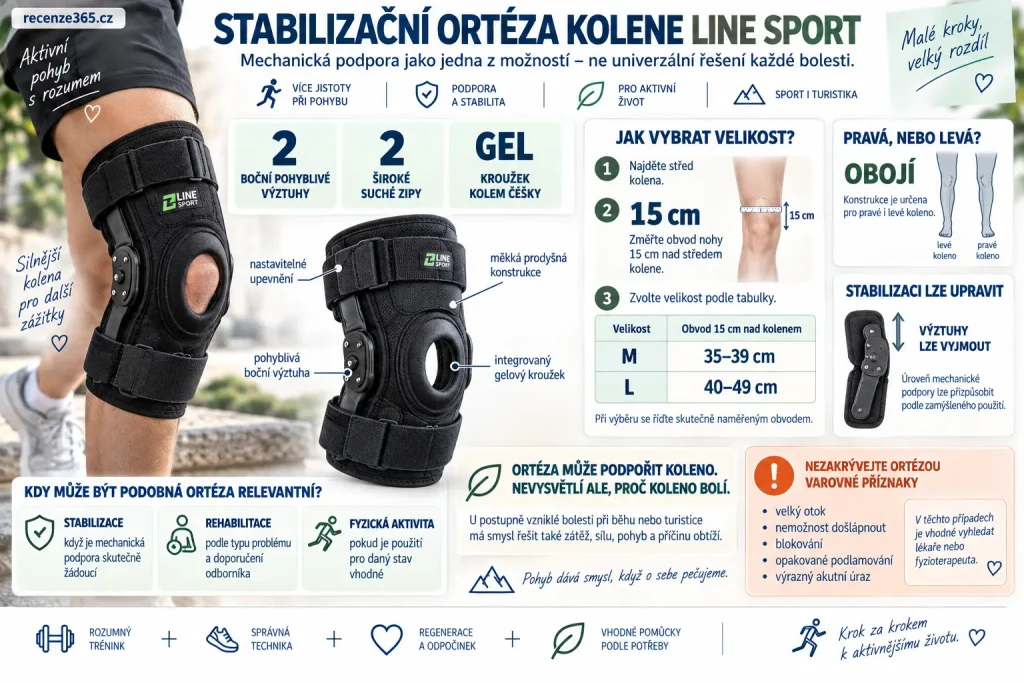Stabilizační ortéza kolene Line Sport se závěsy – kolenní ortéza s bočními výztuhami, gelovým kroužkem na čéšku, neoprenem, suchými zipy, velikost M 35–39 cm a L 40–49 cm.