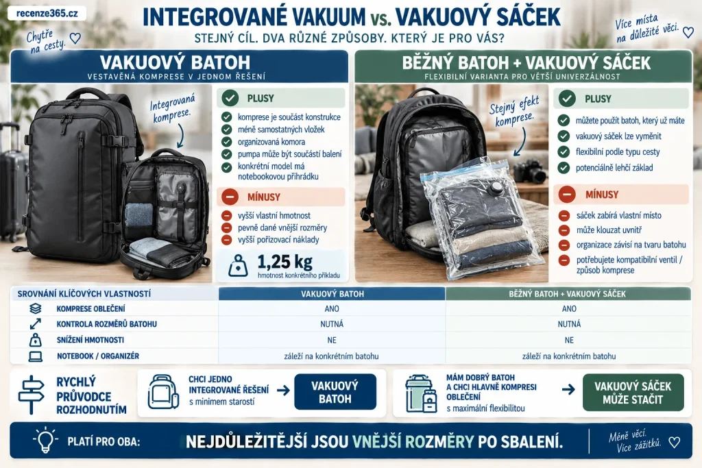 Vakuový batoh vs vakuový sáček do obyčejného batohu – integrovaná komprese, cestovní vakuový vak, pumpa, organizace zavazadla, příruční batoh do letadla, hmotnost, cena a výhody obou řešení.