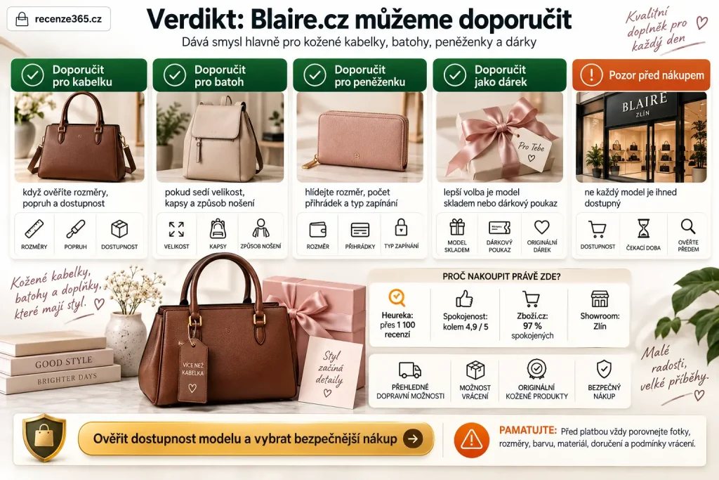 Verdikt Blaire.cz můžeme doporučit, vyplatí se Blaire.cz, Blaire.cz recenze závěr, Blaire nákupní doporučení, Blaire kabelky doporučení, Blaire kožené kabelky vyplatí se, Blaire batohy vyplatí se, Blaire peněženky vyplatí se, Blaire showroom Zlín, Blaire důvěryhodný e-shop, Blaire Heureka 4,9, Blaire Zboží.cz 97 %, Blaire dostupnost modelu, Blaire rozměry kabelky, Blaire dárek pro ženu, Blaire dárkový poukaz, Blaire věrnostní body, Blaire doporučení před nákupem
