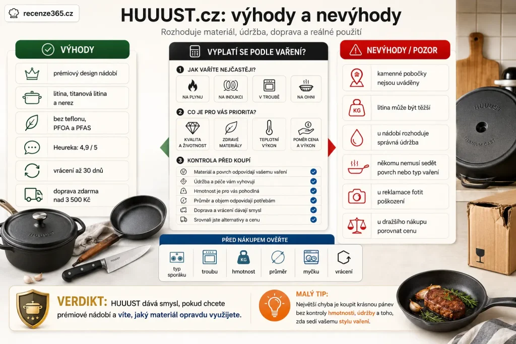 výhody a nevýhody HUUUST.cz recenze, HUUUST výhody nevýhody, HUUUST plusy mínusy, HUUUST recenze shrnutí, HUUUST kvalitní nádobí výhody, HUUUST smaltovaná litina výhody, HUUUST bez teflonu výhoda, HUUUST PFOA PFAS free, HUUUST doprava zdarma nad 3500 Kč, HUUUST vrácení 30 dní, HUUUST záruka, HUUUST nevýhody, HUUUST bez poboček, HUUUST těžké nádobí, HUUUST cena, HUUUST přichytávání jídla, HUUUST poškozená zásilka, vyplatí se HUUUST.cz