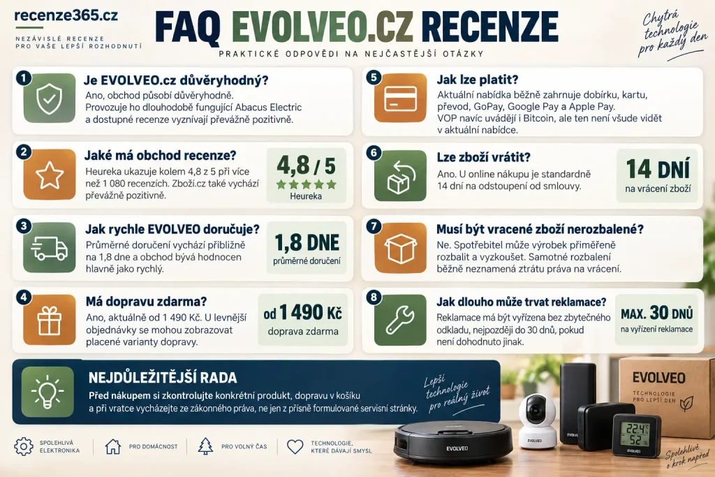 FAQ EVOLVEO.cz recenze, je EVOLVEO.cz důvěryhodný, jaké má recenze, jak rychle doručuje, doprava zdarma, platba, vrácení zboží, reklamace, rozbalené zboží, technická podpora a zkušenosti zákazníků s EVOLVEO.cz.