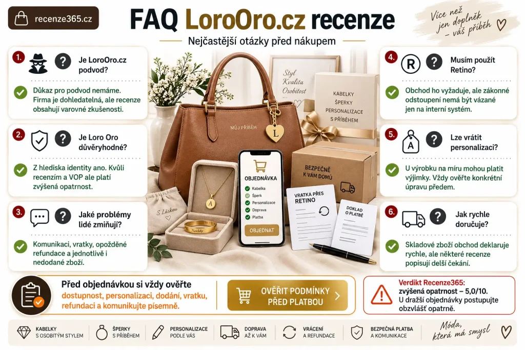FAQ LoroOro.cz recenze, nejčastější otázky LoroOro.cz, LoroOro recenze FAQ, je LoroOro podvod, je Loro Oro důvěryhodné, LoroOro problémy zákazníků, LoroOro vratky refundace, LoroOro Retino vrácení, LoroOro personalizovaná kabelka vrácení, LoroOro dodání, LoroOro doručení 1 až 2 dny, LoroOro personalizace 1 až 2 dny, LoroOro Heureka negativní recenze, LoroOro obchodní podmínky, LoroOro zvýšená opatrnost, LoroOro 5/10, LoroOro nákupní riziko