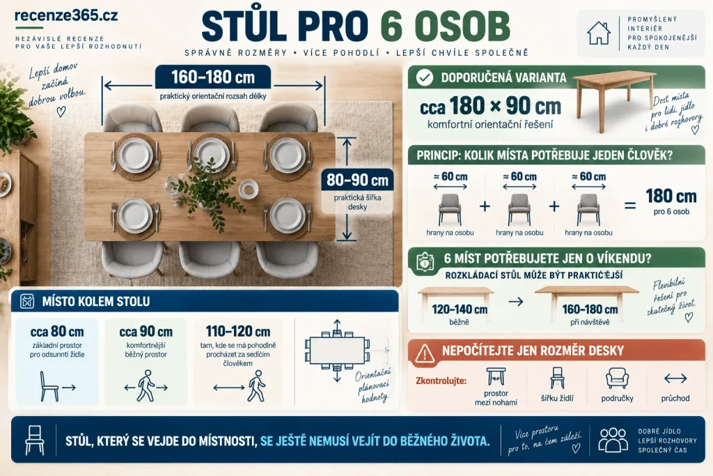 Jak velký jídelní stůl pro 6 osob – rozměr 160 až 180 cm, stůl 180 × 90 cm, rozkládací jídelní stůl, šest židlí, 60 cm prostoru na osobu, průchod kolem stolu a jídelna pro rodinu.