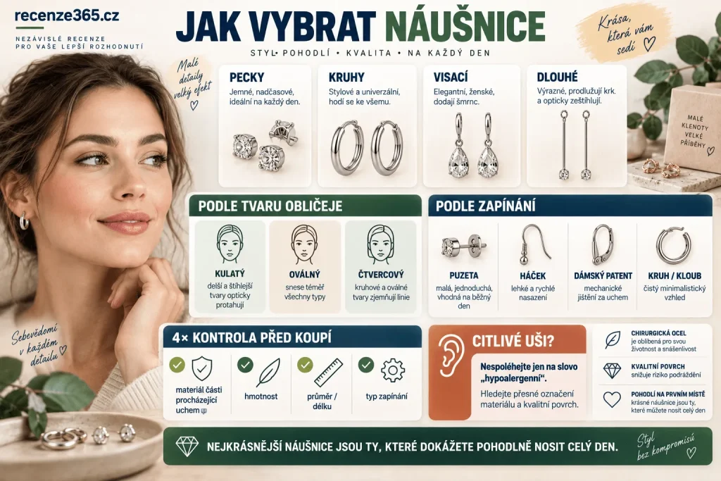 Jak vybrat náušnice z chirurgické oceli – kruhy, pecky, visací náušnice, zapínání na puzetu, háček a dámský patent, tvar obličeje, velikost náušnic, citlivé uši a ocel 316L.