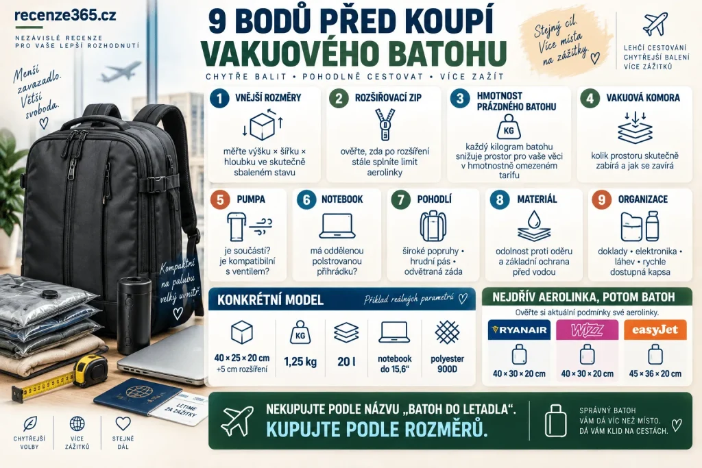Jak vybrat vakuový batoh do letadla – rozměry 40 × 30 × 20 cm, hmotnost batohu, vakuová pumpa, kompresní komora, notebook, materiál, ramenní popruhy, Ryanair, Wizz Air a easyJet.