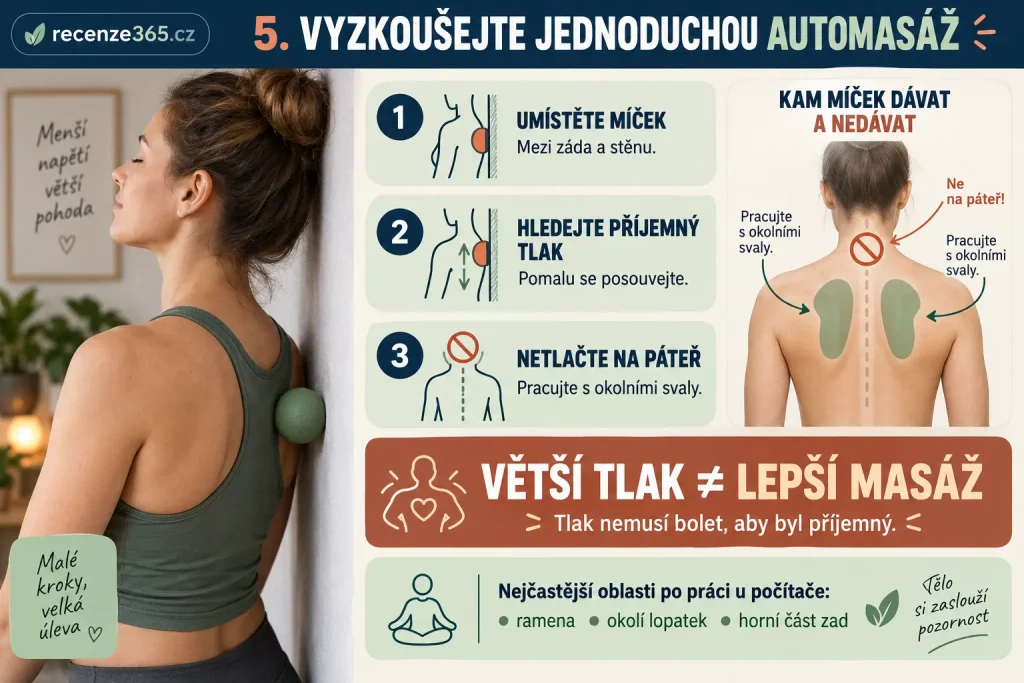 Automasáž zad masážním míčkem u stěny – domácí uvolnění ztuhlých ramen a oblasti mezi lopatkami, správné umístění míčku vedle páteře a jemný kontrolovaný tlak.