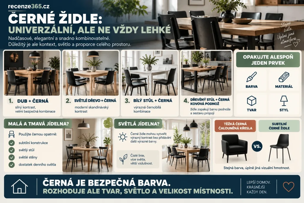 Černé jídelní židle v interiéru – kombinace s dubovým stolem, světlým dřevem, bílým stolem, kovovou podnoží, moderní jídelna, černé čalouněné židle a jak sladit stůl a židle.