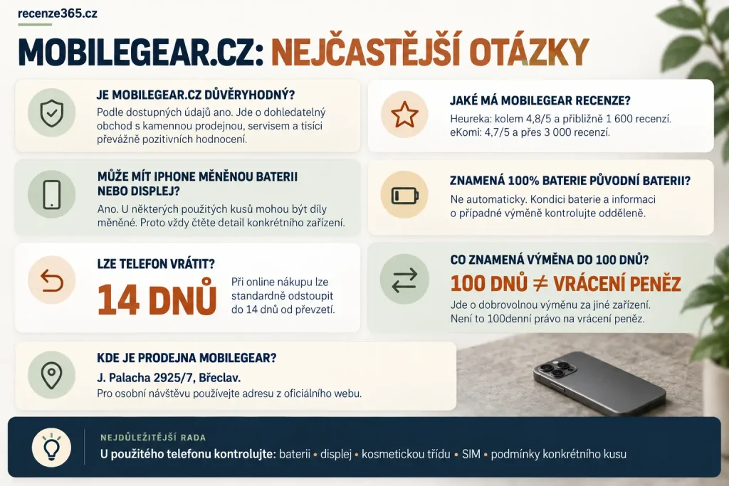 MobileGear.cz FAQ recenze – je MobileGear důvěryhodný, jaké má recenze, použité iPhony, originální baterie, 14denní vrácení, 100denní výměna, záruka a prodejna MobileGear Břeclav.