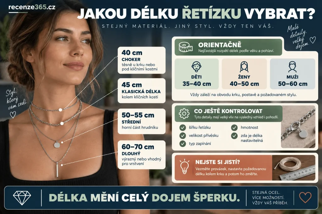 Jak vybrat řetízek a náhrdelník z chirurgické oceli – délka 40, 45, 50, 55, 60 a 70 cm, dámský a pánský řetízek, choker, přívěsek, šířka řetízku, zapínání a vrstvení náhrdelníků.