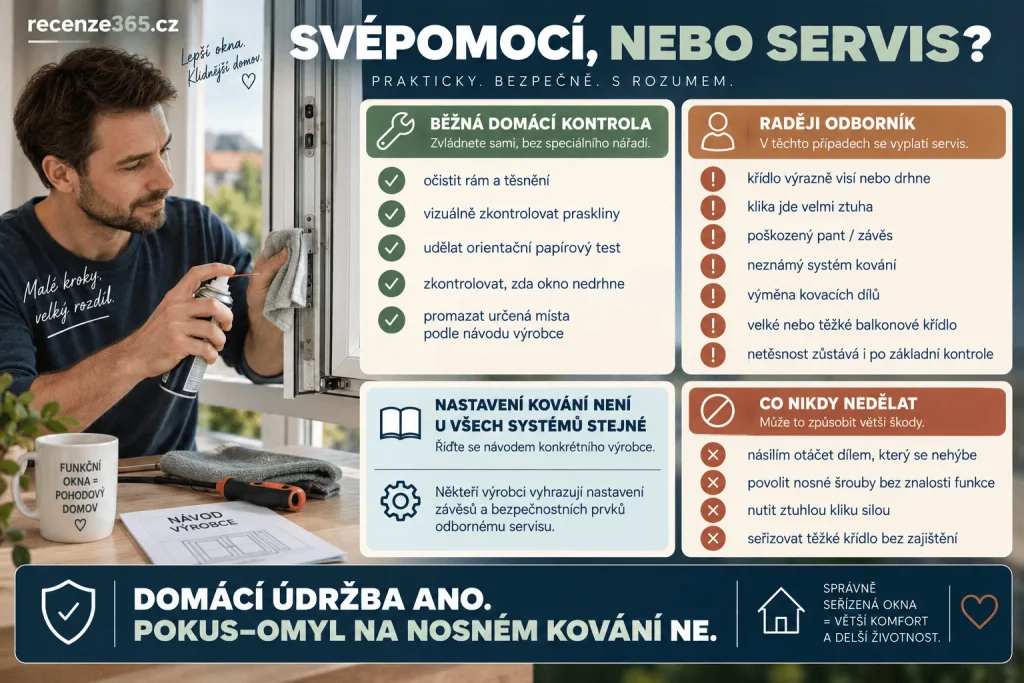 Seřízení plastového okna svépomocí – co zvládnu doma, kontrola těsnění, mazání kování, papírový test, nastavení přítlaku, imbusový klíč a kdy nechat seřízení oken odborníkovi.