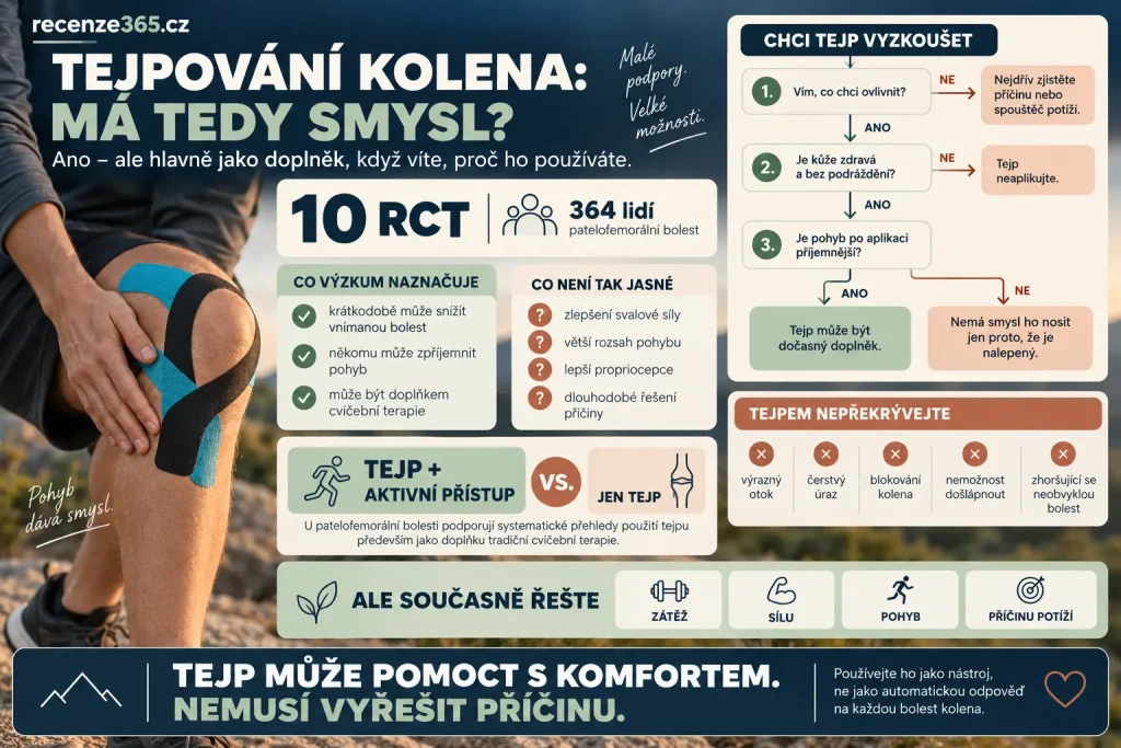 Má smysl tejpování kolena – účinky kineziologického tejpu na bolest kolene, patelofemorální bolest, sportovní tejp, běh, cvičení, rehabilitace kolena a správné použití tejpovací pásky.