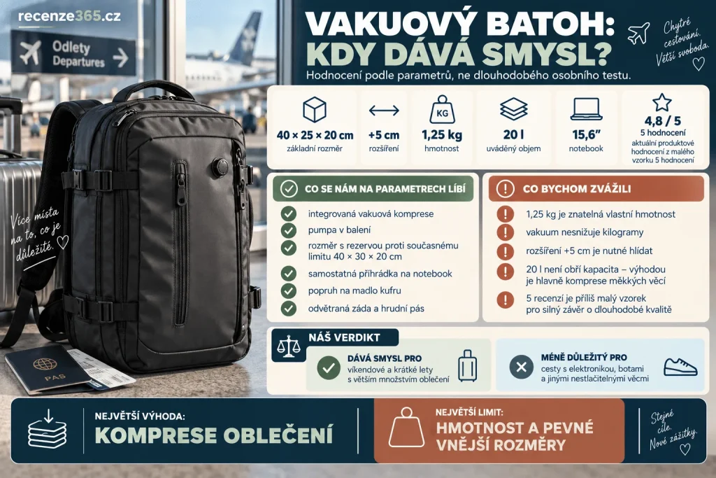 Vakuový batoh do letadla hodnocení – recenze vakuového batohu WINGS COMPRESA, rozměry 40 × 25 × 20 cm, hmotnost 1,25 kg, objem 20 l, vakuová pumpa, notebook 15,6 palce a využití pro Ryanair, Wizz Air a easyJet.