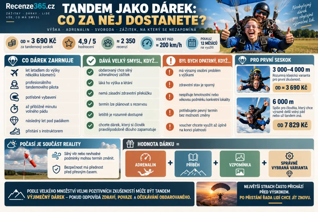 Vyplatí se tandemový seskok jako dárek – cena od 3690 Kč, hodnocení 4,9 z 5, více než 2300 recenzí, volný pád 200 km/h, seskok z 3000 až 4000 metrů, dárkový poukaz 12 měsíců, adrenalinový dárek a zkušenosti zákazníků Adrop.