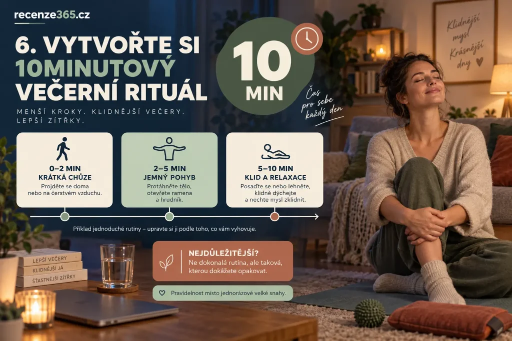 Desetiminutový večerní rituál na ztuhlá záda po sezení – krátká chůze, jemné rozhýbání ramen a hrudníku a domácí relaxace po celém dni u počítače.
