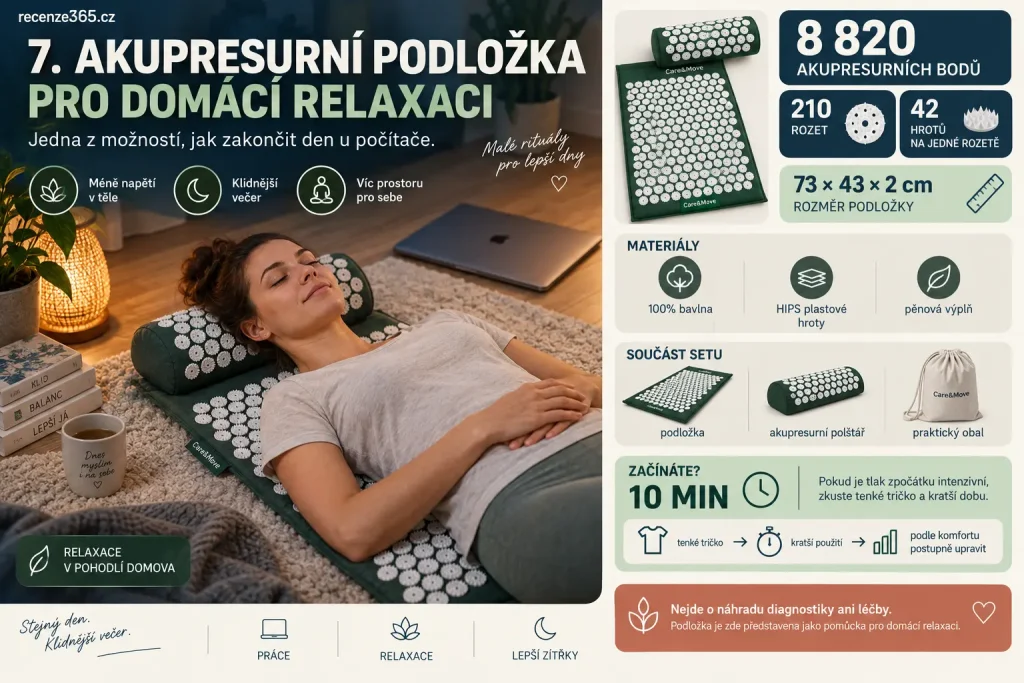 Tu už môžeme spraviť výrazne informačnejšie, pretože pri Care&Move máme konkrétne technické parametre z produktu SvětFyzioterapie.cz. E-shop uvádza 73 × 43 × 2 cm, 8 820 bodov, 210 rozet, 42 hrotov na rozetu, 100 % bavlnu, HIPS hroty, penovú výplň a set s polštářem a obalem. V kategórii zároveň odporúča začiatočníkom začať približne na 10 minútach a pri citlivosti cez tenké tričko