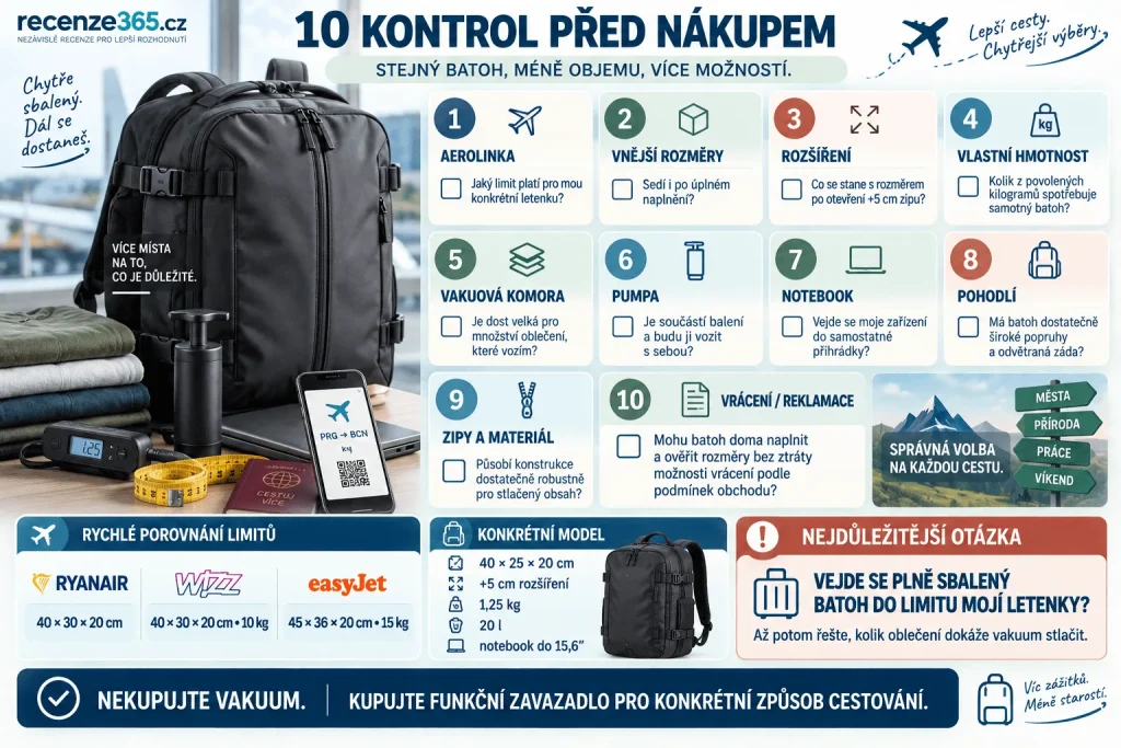 Co zkontrolovat před koupí vakuového batohu – rozměry příručního zavazadla, hmotnost batohu, Ryanair 40 × 30 × 20, Wizz Air, easyJet, rozšíření batohu, vakuová pumpa, notebook, zipy a podmínky vrácení.
